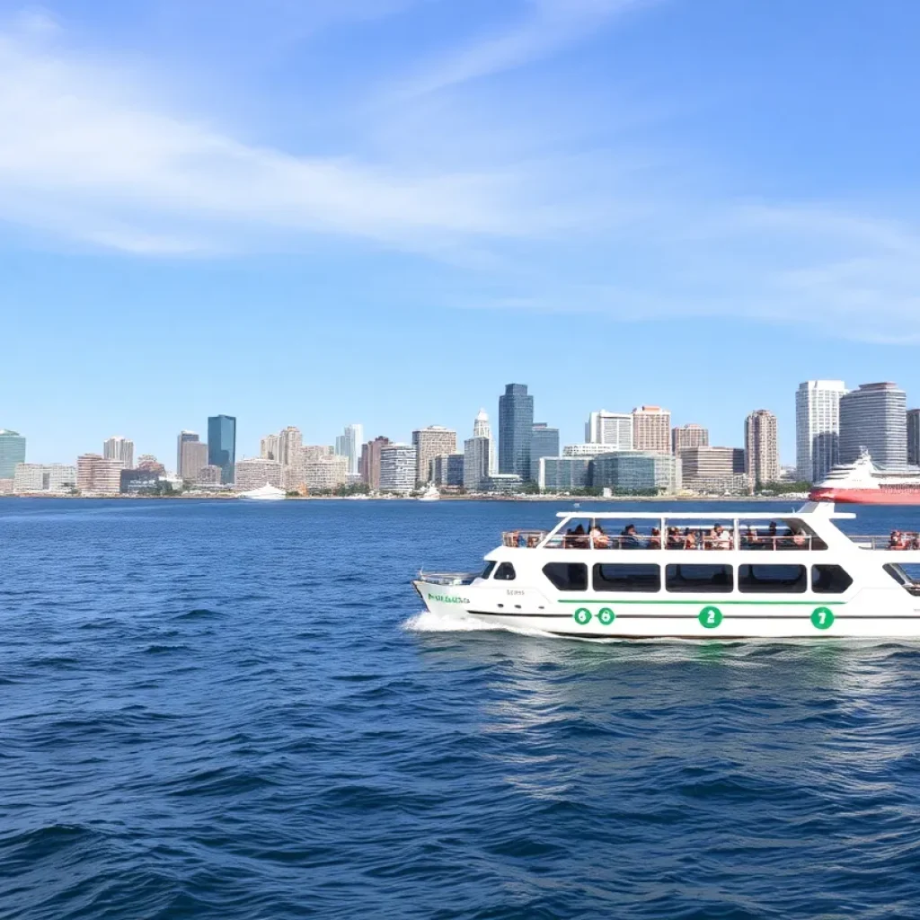 An all-electric ferry gliding through San Diego Bay with the San Diego skyline in the background.