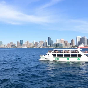 An all-electric ferry gliding through San Diego Bay with the San Diego skyline in the background.