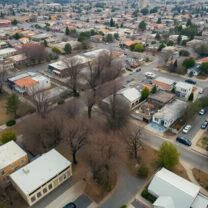 Aerial view of Altadena showing wildfire damage with community effort signs