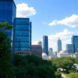 Skyline of Austin Texas against a clear blue sky