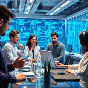Developers collaborating in a futuristic AI lab focused on ethics and safety