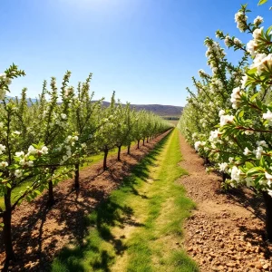 Almond trees in a sunny California orchard