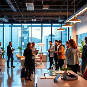Business team discussing lighting solutions in a modern office