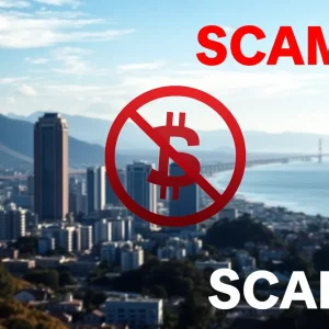 An illustration of a cityscape symbolizing California with elements representing cryptocurrency safety.