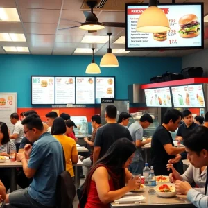Busy California fast food restaurant scene with diverse customers