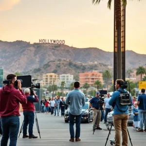 Film crew working on a set in California with Hollywood landmarks