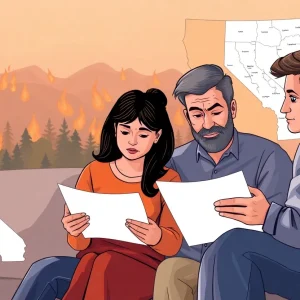 A concerned family looks over insurance paperwork with wildfires in the background.