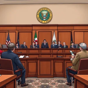 Courtroom scene showcasing state representatives in discussion.