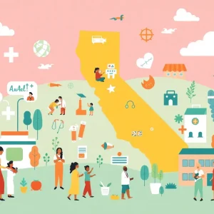 Illustration representing California's healthcare challenges and Medi-Cal program support.