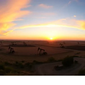 Panoramic view of California oil fields at sunset