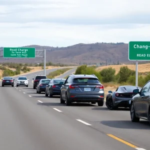 A scenic California highway with electric vehicles driving.