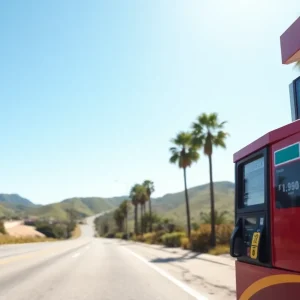 A scenic view of a California road with a gas pump showing lower prices.