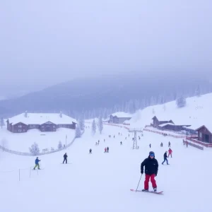 Skiers and snowboarders at California ski resorts in a snowy landscape