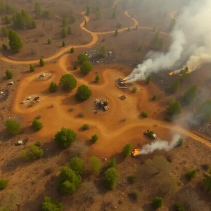 Aerial view of a cleared forest area in California with firefighters managing controlled burns.