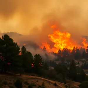 Devastating wildfires in California consuming homes and forest.