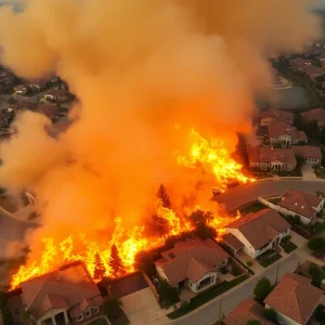 Aerial view of wildfires in California destroying homes.