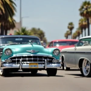A row of vintage classic cars parked under the sun in California.