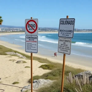 Coronado beach with closure signs due to sewage crisis