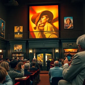 Audience at a vintage film screening in a library