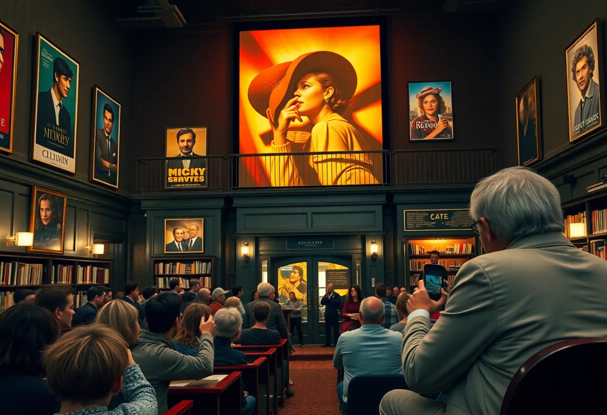 Audience at a vintage film screening in a library