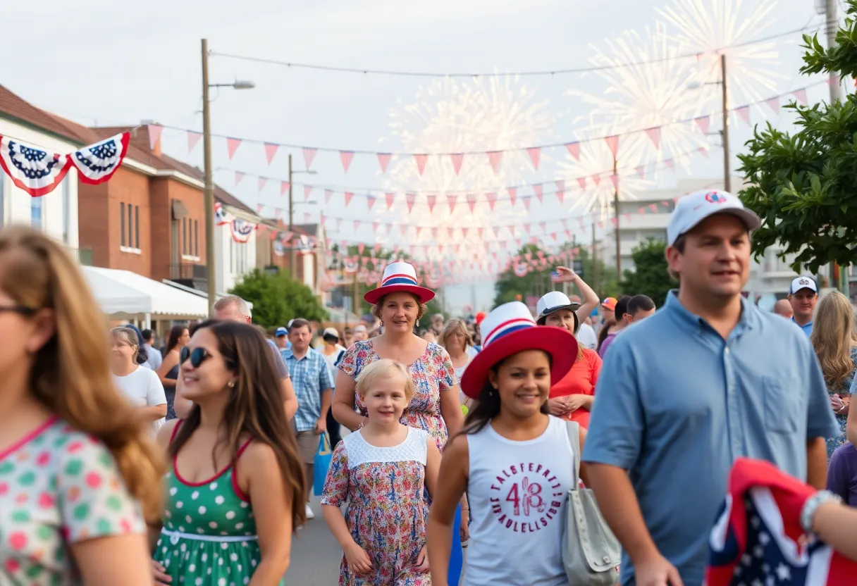 Families enjoying the Coronado Fourth of July parade with fireworks in the background