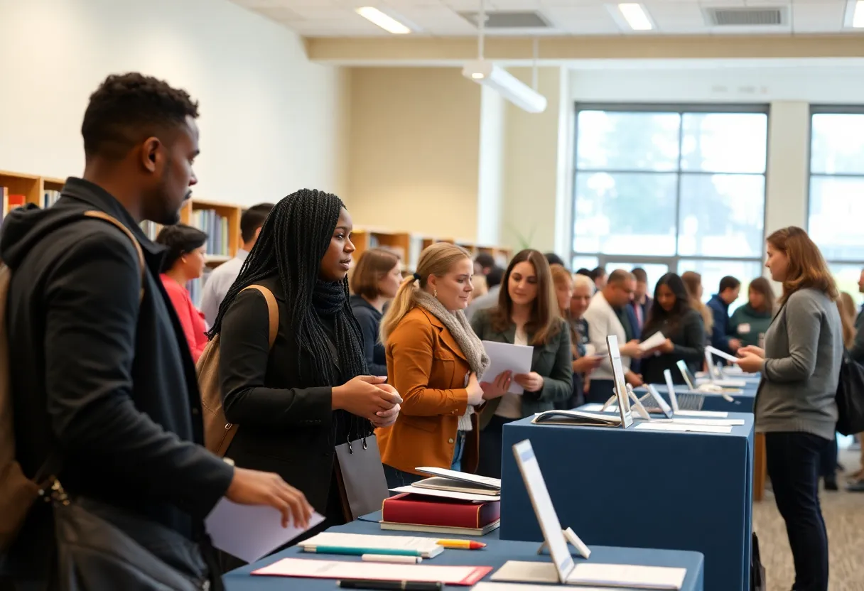 Job seekers at the Coronado job fair interacting with employers