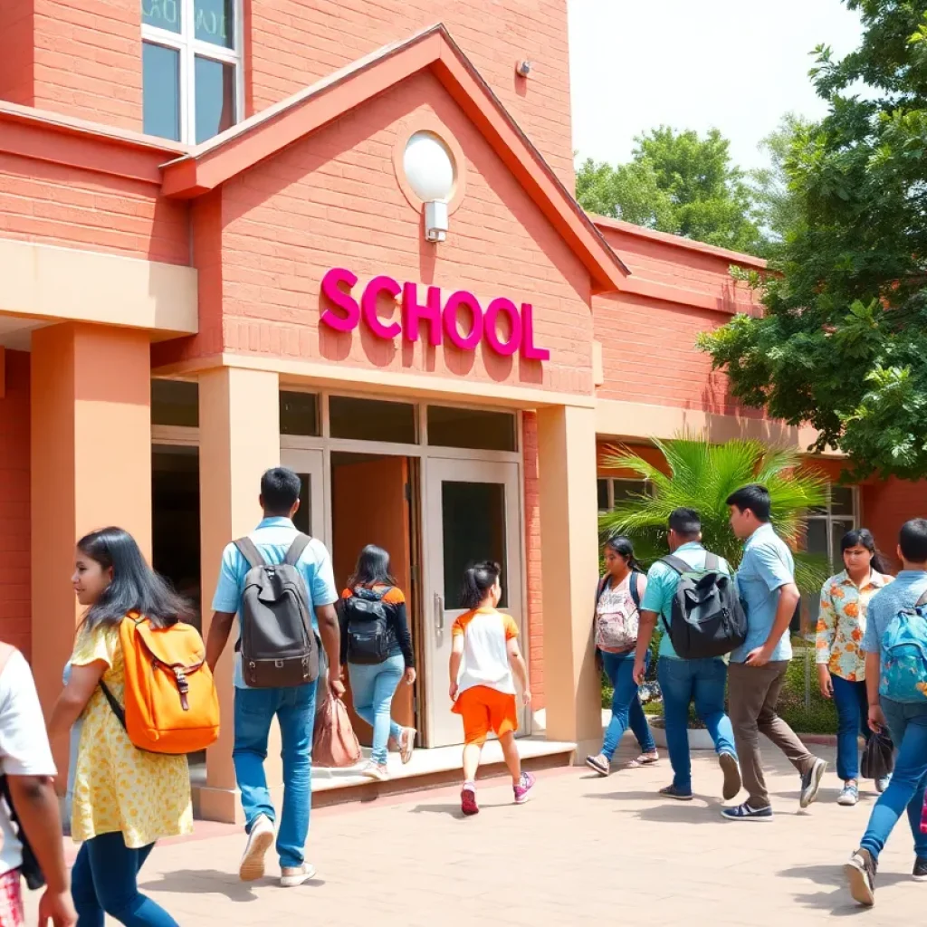 Students entering a school building in Coronado