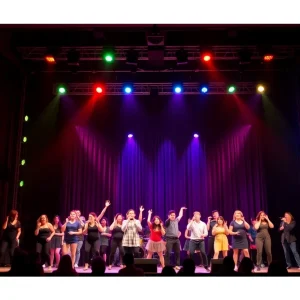 Ensemble cast performing on stage during the Curtains musical