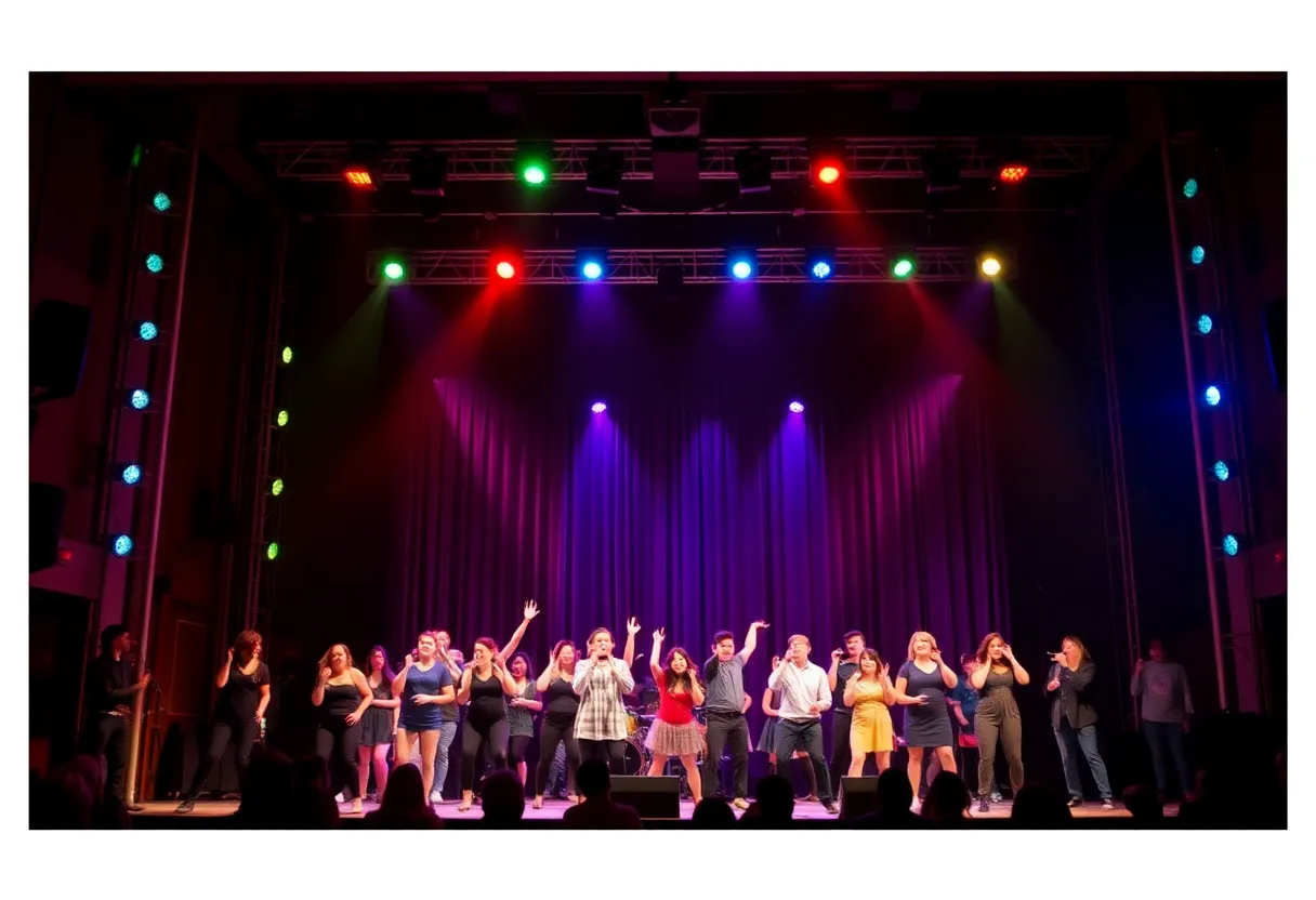 Ensemble cast performing on stage during the Curtains musical
