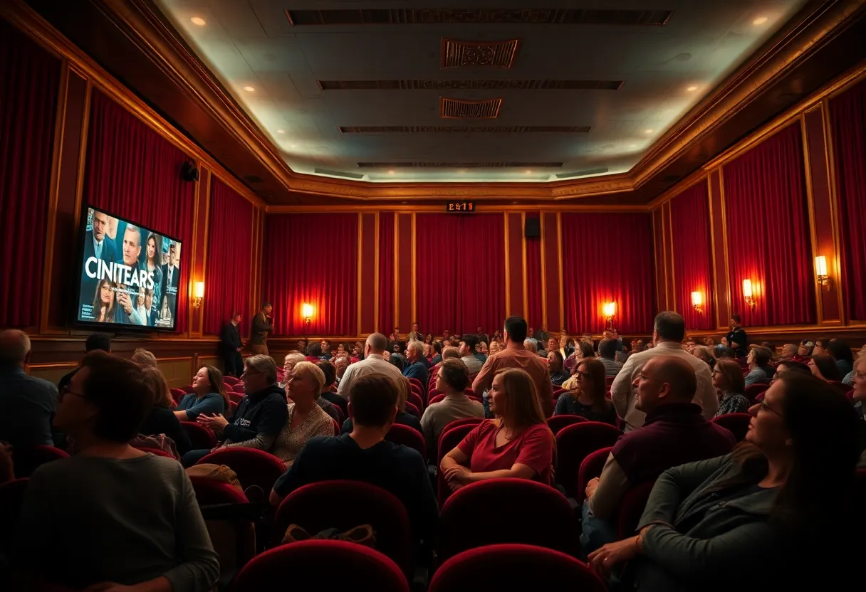 Audience watching a film at a vintage cinema theater