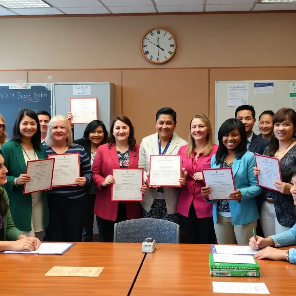 A school board meeting celebrating classified employees
