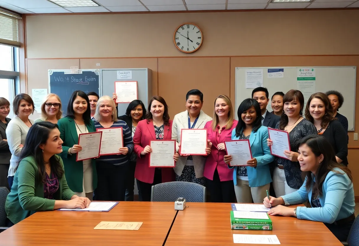 A school board meeting celebrating classified employees