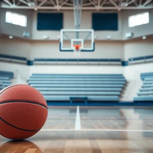 An empty basketball court with a basketball on the floor