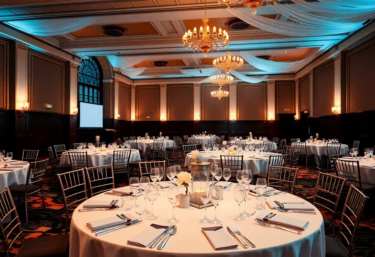 Decorated banquet hall set for the GEM Awards Ceremony