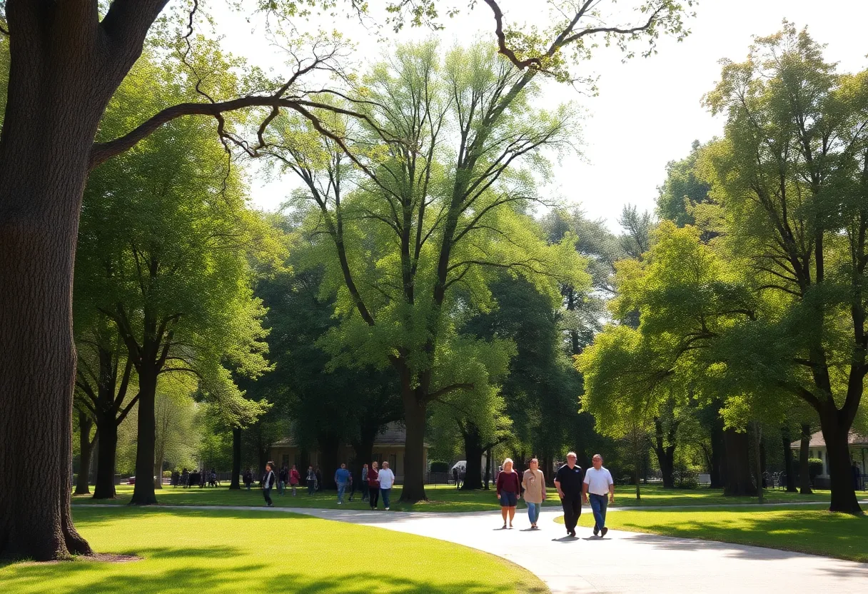 Participants exploring diverse trees during a Guided Walking Tree Tour in a park