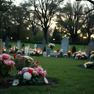 A peaceful memorial setting with flowers dedicated to Peggy Berthold.