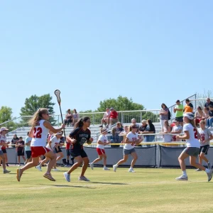 High school lacrosse players competing on the field