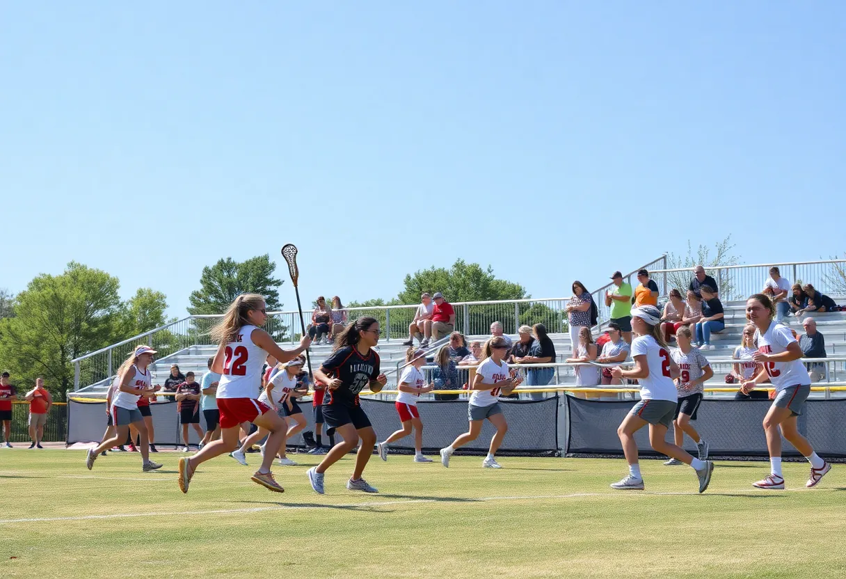 High school lacrosse players competing on the field