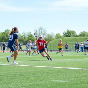 High school lacrosse players competing on the field