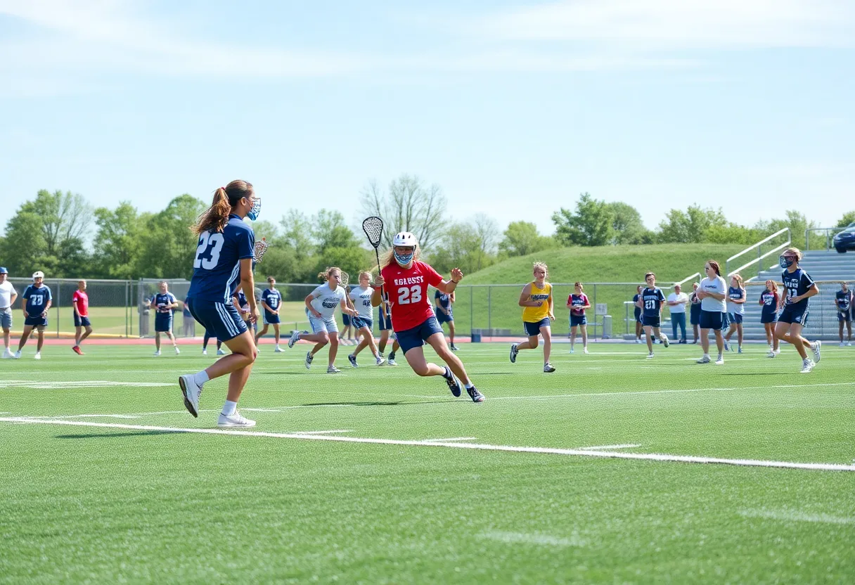 High school lacrosse players competing on the field