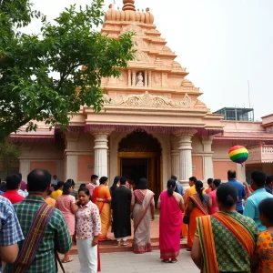 Community members gathering for a prayer at a Hindu temple.