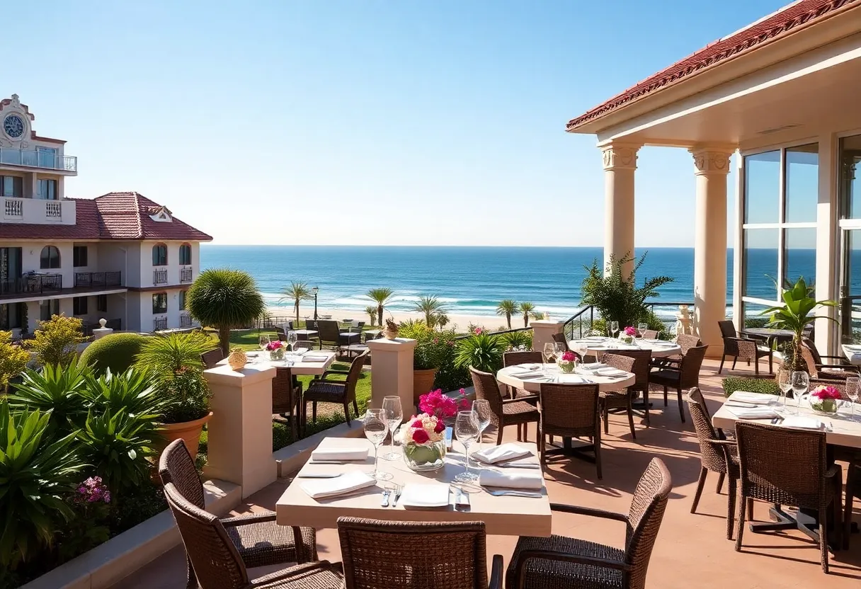 View of Hotel del Coronado with new restaurant outdoor seating