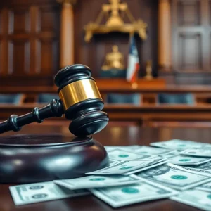 Courtroom scene with a gavel and money orders