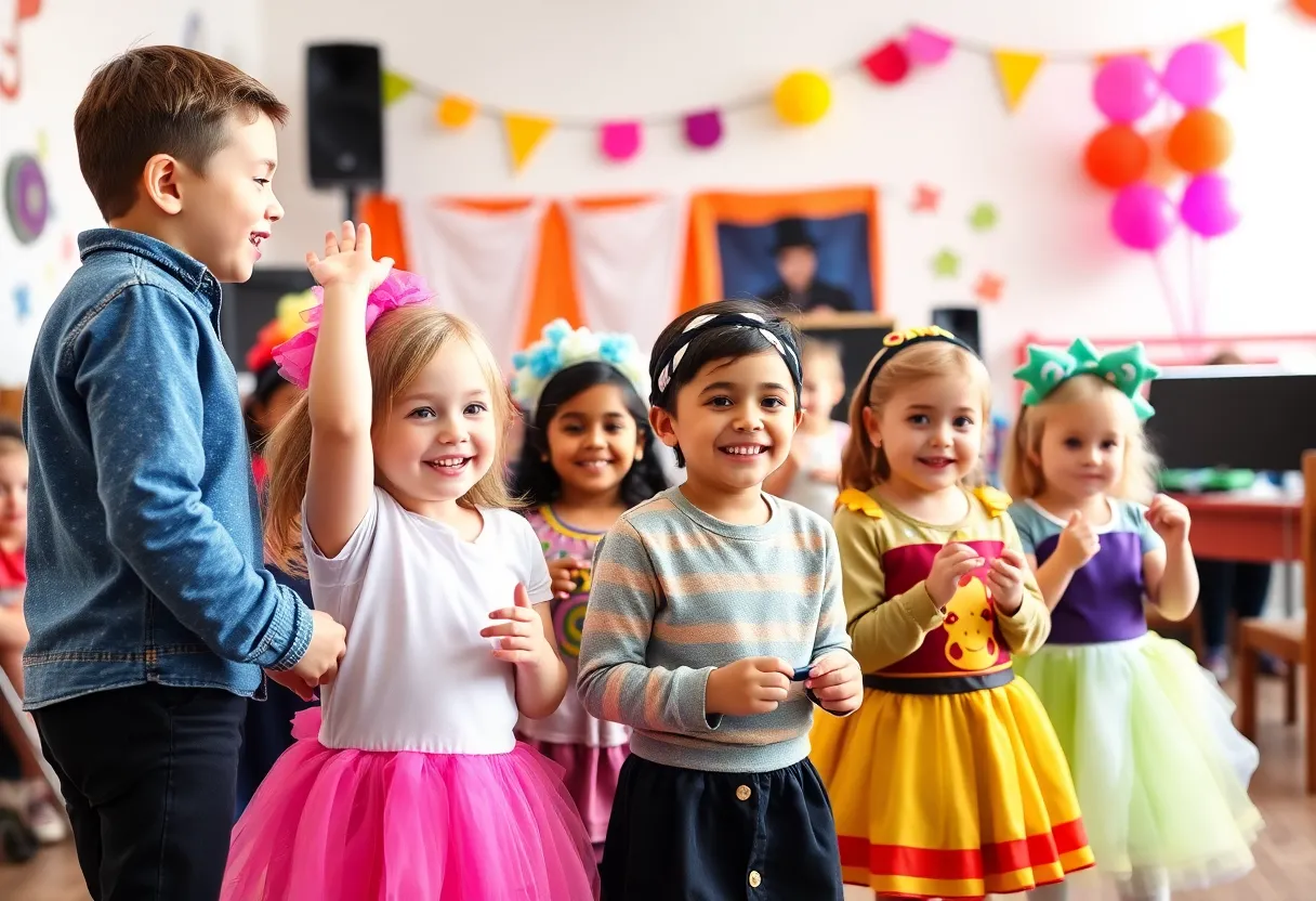 Children participating in a lively musical theater class