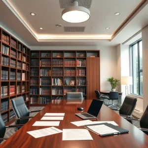 Interior of a modern law office with bookshelves and a conference table.