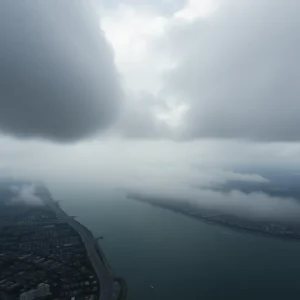 A view of Los Angeles with fog and looming rain clouds