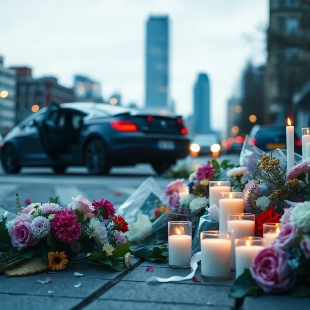 Memorial with flowers and candles for the victims of a tragic car accident in San Diego.