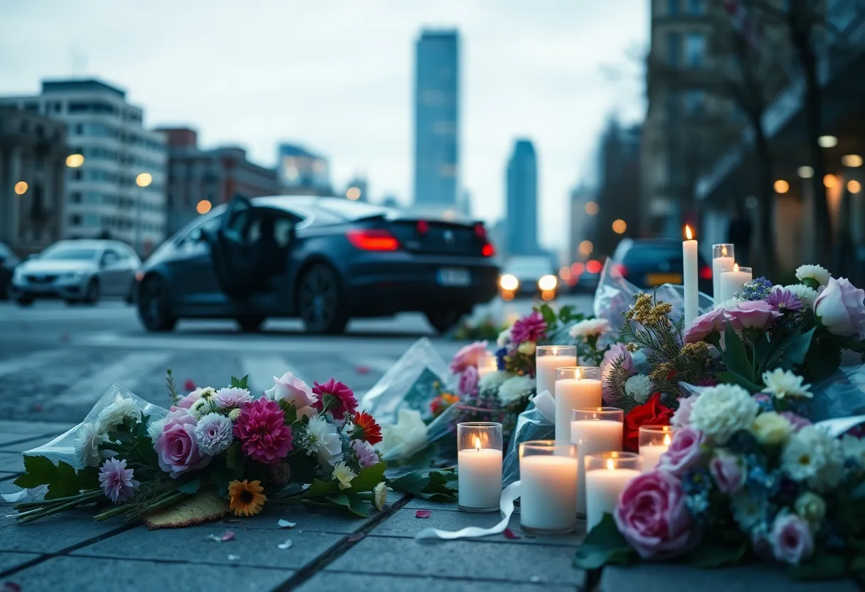 Memorial with flowers and candles for the victims of a tragic car accident in San Diego.
