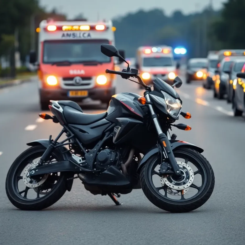 Scene of a motorcycle accident with emergency response vehicles