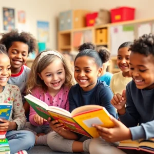 Children participating in a vibrant Read Across America Day reading event in a classroom.